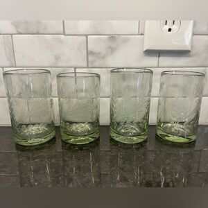 4 Magnolia Hand Blown Recycled Glass Etched Pepita Floral Tumbler Juice Glasses